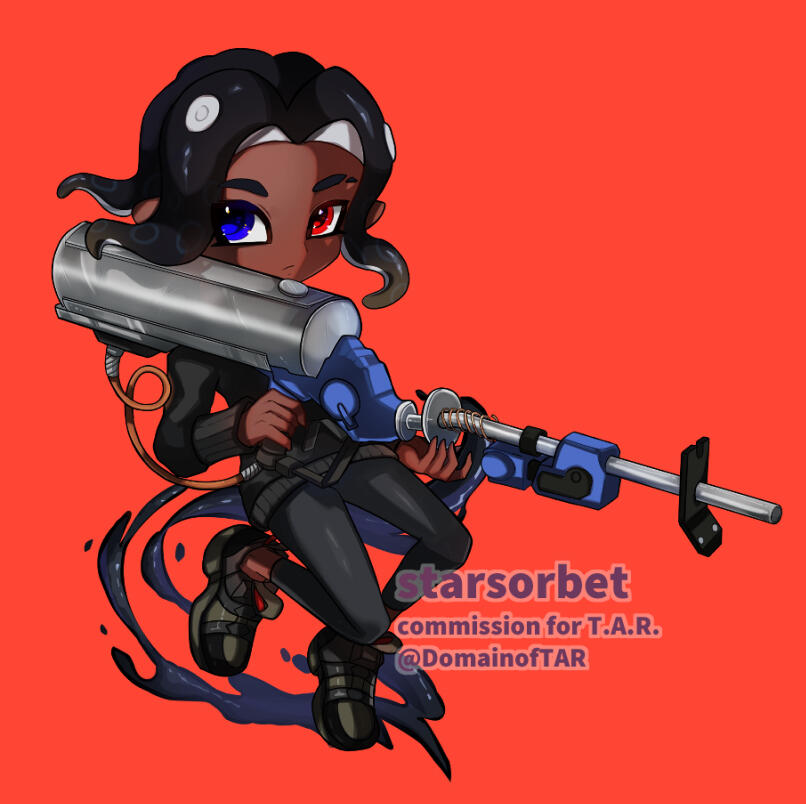 A commission of someone's Splatoon 3 Octoling with the e-liter weapon.