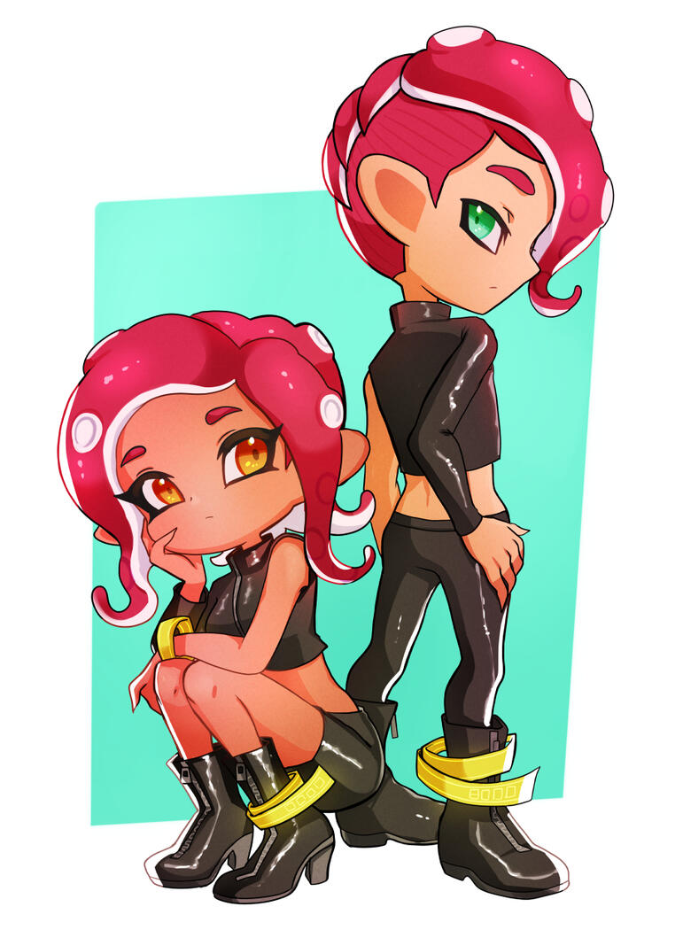 Agent 8 from Splatoon 2: Octo Expansion. Both female and male agent 8 are posing.